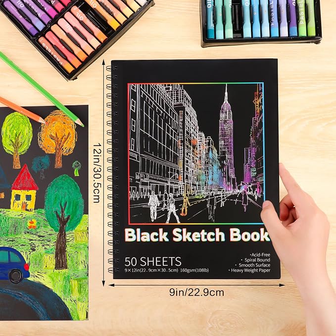 Black Paper Sketchbook 9 × 12 in, 50 Sheets, 160gsm, Spiral Bound | Acid-Free Black Paper, Heavyweight 108 Lb, Clean-Tear Pages, Hardcover, for Colored Pencil, Chalk & Gel Pens