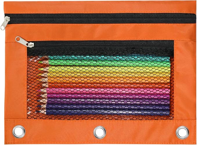 Pencil Pouch for 3 Ring Binder, Heavy Duty Canvas Dual Zipper Pen Bag with Clear Window, Smooth Metal Zipper, Fit Standard 3-Ring Binders for School Office Travel Supplies (Orange)