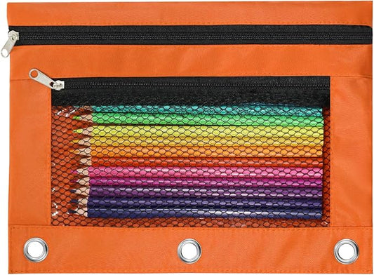 Pencil Pouch for 3 Ring Binder, Heavy Duty Canvas Dual Zipper Pen Bag with Clear Window, Smooth Metal Zipper, Fit Standard 3-Ring Binders for School Office Travel Supplies (Orange)