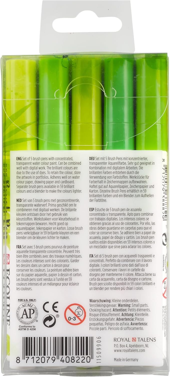 Ecoline Brush Pen Set of 5 Liquid Watercolor Pens – Green Shades | Blendable Brush Markers for Hand Lettering, Drawing, & Crafts