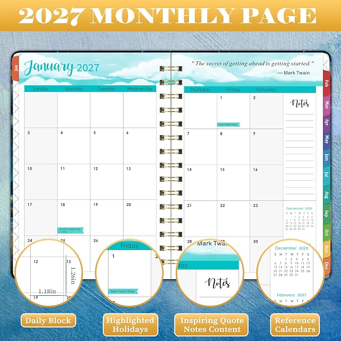 2027 Planner - JAN.2027 - DEC.2027, 8.4" x 6.3", 2027 Calendar Planner | Planner 2027, 2027 Planner Weekly and Monthly with Inspiring Quotes, Tabs, Pocket, Hardcover, Perfect for School Office Home