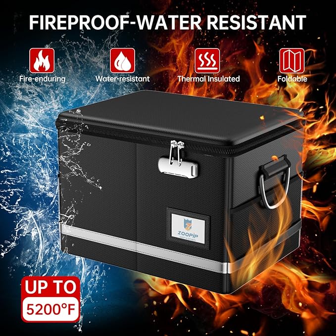 5200°F Fireproof Document Box, Foldable File Organizer with Lock | Fits Hanging Letter Legal Folders, Portable Home Office Travel Safe Storage, for Important Paper, Large Capacity, Black