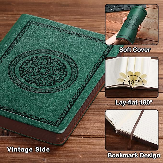 Fetinar 2026 Leather Vintage Journal Notebook,300 Pages,Leather Softcover Lined Journal Notebooks for Women Men,Notebook Journals for Writing Travel,Business,Office,5.7'' X 8.3'',Green