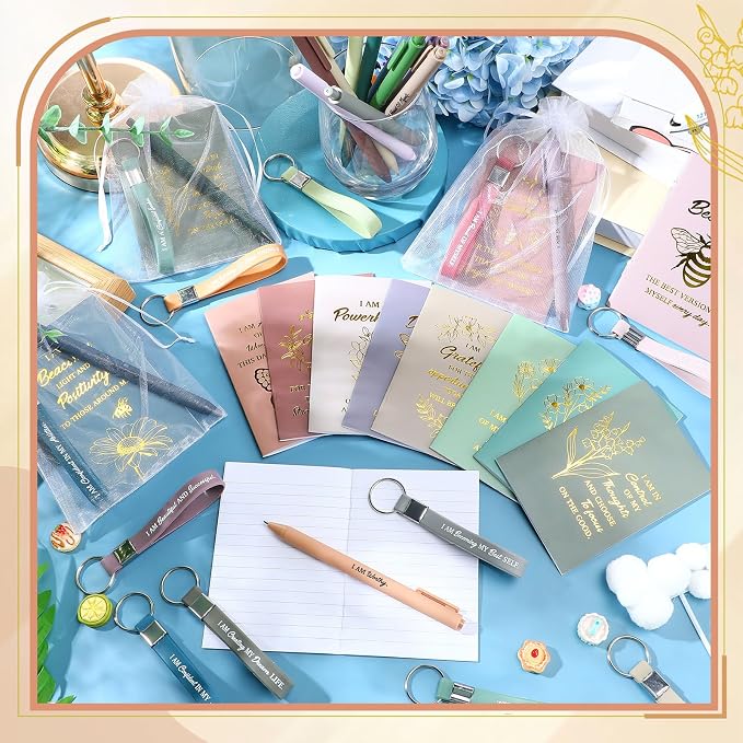 Mooliwe 24 Set Positive Affirmation Gift Set Gratitude Notebooks with Pens Keychains Small Bags Motivational Party Favors for Adult Women Coworkers Employee Group (Morandi)