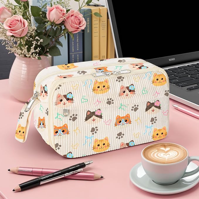 WOBAGMEN Cute Pencil Case,Large Corduroy Zippered Pencil Case Pouch, aesthetic Pencil Bag with Compartments, Pencil Pouch School Supplies (HY-corduroy pc-cat)