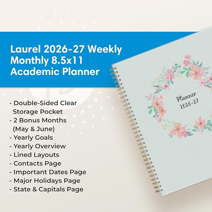 Blue Sky 2026-2027 Weekly & Monthly Academic Planner, 8.5"x11", Laurel | July 2026 - June 2027, Flexible Cover, Wirebound, Laminated Tabs, Storage Pocket, Academic Year