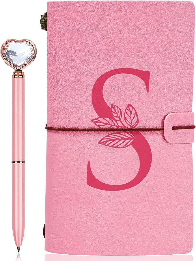 Personalized Journal Gift-Pink Initial Leather Journal+Heart Diamond Pen Set,Travel Notebook Diary Gifts,Refillable Notepads,Christmas,Birthday Gifts for Women Girls (7.9"x4.7") (S)