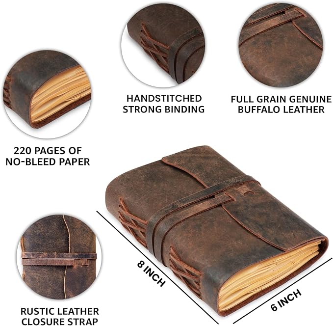 LEATHER VILLAGE Leather Bound Journal - Dark Brown, 8"X6", 220 Pages - Vintage Blank Paper Diary for Writing, Drawing, Sketchbook, and Travel Notebook - Ideal for Women and Men
