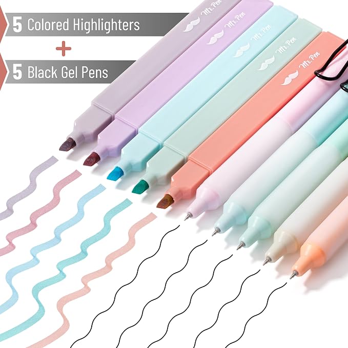 Mr. Pen- Aesthetic Highlighters and Gel Pens, 10 Pack | Morandi Colors Bible Highlighters No Bleed, Morandi Ink Gel Pens, Fast Dry and No Smear for Bible Journaling, Planner