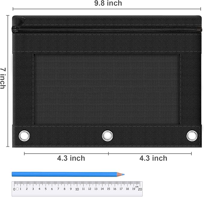 3-Ring Pencil Pouch, 2 Pack Black Bulk Pencil Case, Pencil Bags with Zipper for Office Supplies Cosmetics, with Zipper & Reinforced Grommets Fabric Large Pencil Case for 3 Hole Binder