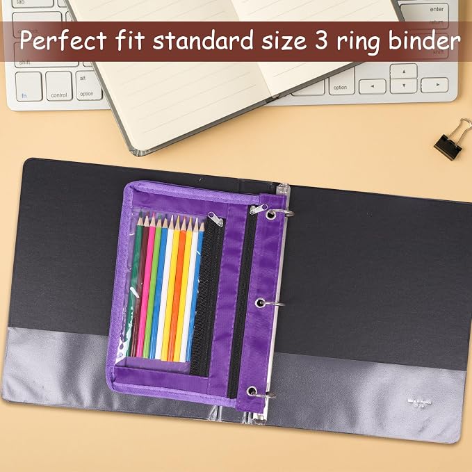 YoeeJob 1 Pack Pencil Pouch for 3 Ring Binder, Expandable Binder Pouches with Zipper, Large Capacity Pen Holder Case with Clear Window School Class Office Organizers, Purple