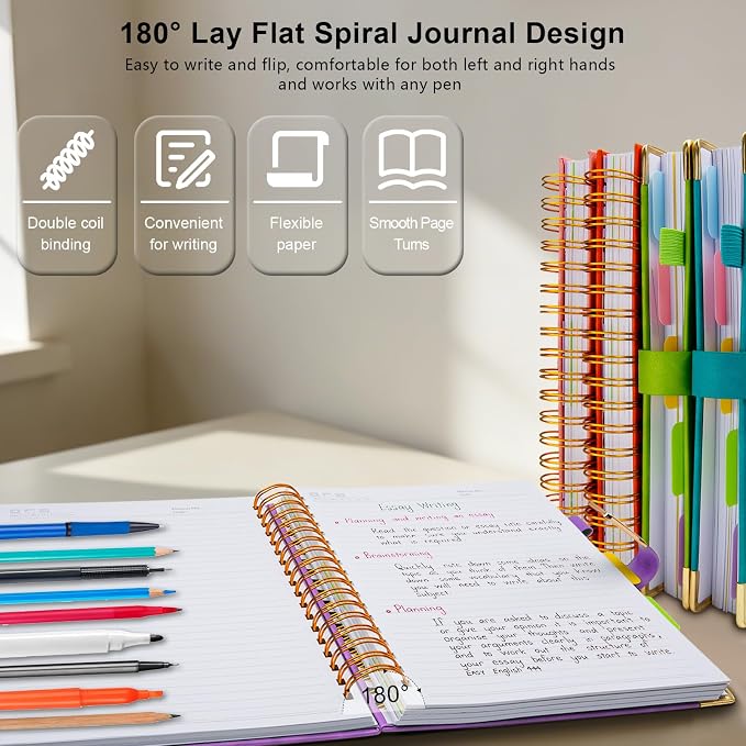 Hardcover Spiral Notebook College Ruled, 8.5"x11" Leather Journal Notebook with Magnetic Closure, 300 Pages 5 Subject Notebook with Dividers Tabs Journal for Women Men, Work, School(Lavender Purple)