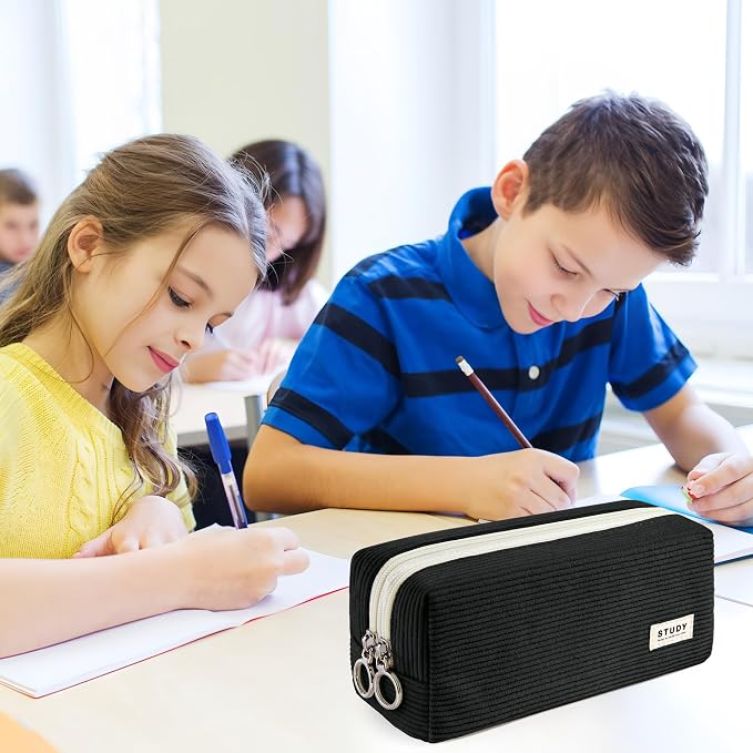 KALIDI Large Pencil Case Corduroy Pencil Pouch Box Cute School Supplies for Teen Girls Boys, Black