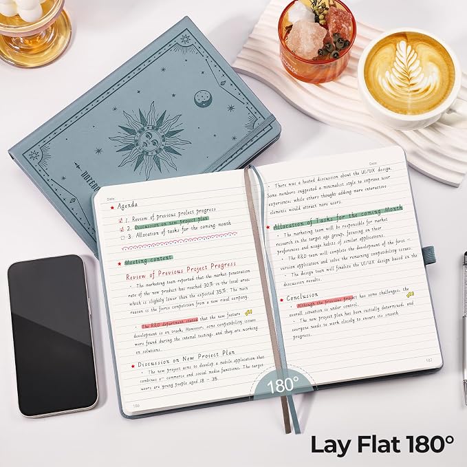 EMSHOI Lined Journal Notebook, 320 Numbered Pages, A5 Size (5.7'' x 8.3'') | Leather Hardcover, 100 GSM Thick Paper, for Women & Men, Journaling, Writing, Work & Office, Sun Debossed (Gray Blue)