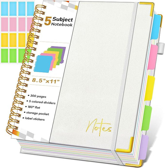 Spiral Notebook Journal with Removable Dividers Tabs, 300 Pages Hardcover Leather 5 Subject College Ruled Notebook, 8.5"x11" Large A4 Lined Journal for Women Men, Spiral Notebook for Work School,Beige
