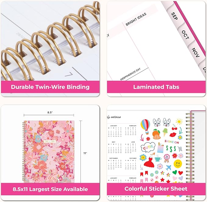 Blue Sky 2026-2027 Weekly & Monthly Academic Planner, 8.5"x11", Bloom Pink | July 2026 - June 2027, Flexible Cover, Wirebound, Laminated Tabs, Storage Pocket, Stickers, Academic Year, Color Me Courtney