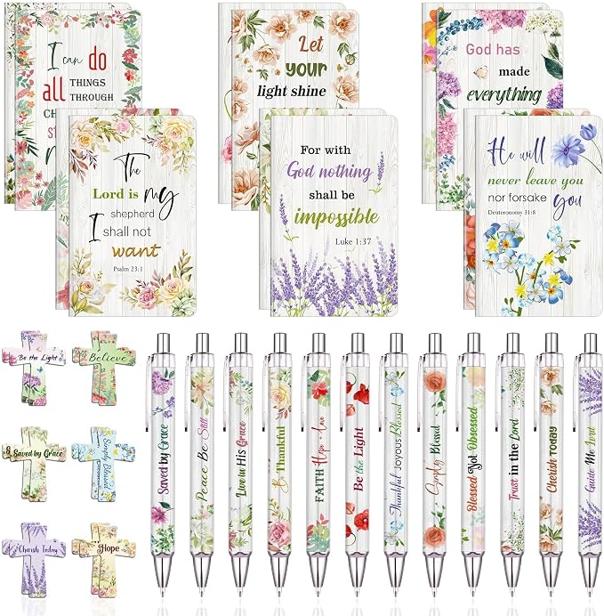 36 Pcs Christian Bulk Gifts for Women, Religious Notebook Gifts, 3.5"x5.5" | 12 Mini Bible Verse Notepads, 12 Scripture Ballpoint Pens, 12 Magnetic Cross Bookmarks,Cute inspirational Prizes Party Favors
