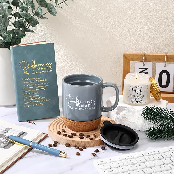 4 Pcs Difference Maker Gift Set Mug Notebook Candle Pen,Dark Blue,Word