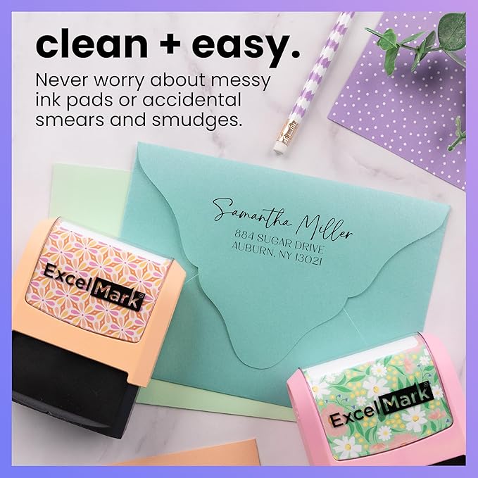 ExcelMark Address Stamp - Custom Return Address Stamp with Elegant Designs, Vibrant Colors & Patterns – Perfect for Mail, Invitations & Gifts (Violet, Santa Catalina)