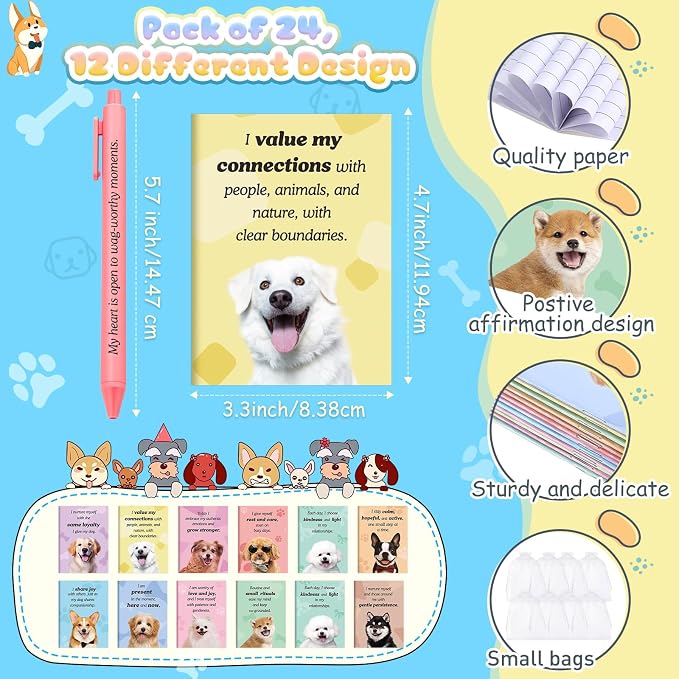 Mooliwe 48 Pcs Positive Affirmation Gift Set Gratitude Notebooks with Pens Small Bags Motivational Encouragement Notepads Daily Affirmations Journal for Women Stress Relief Self Care (Dog)