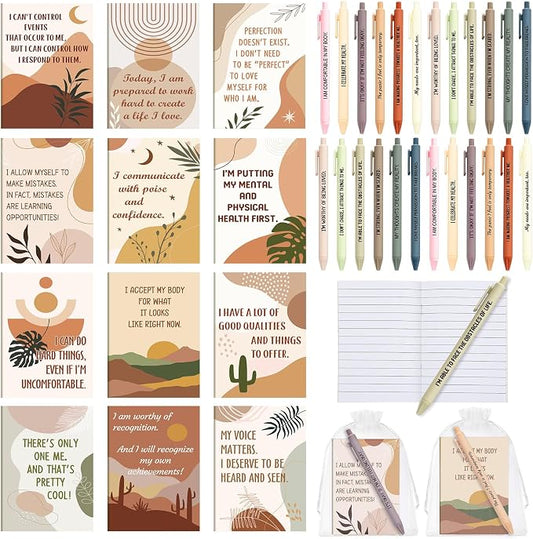 Mooliwe 24 Pcs Positive Affirmation Gift Set Gratitude Notebooks with Pens Small Bags Motivational Encouragement Notepads Daily Affirmations Journal for Women Stress Relief Self Care (Rustic)