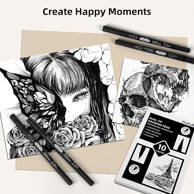 Dual Tip Black Drawing Pens,10 Pack Black Markers for Coloring,Dual Brush Pens with Fine Tip Markers for Art Drawing Sketching Calligraphy