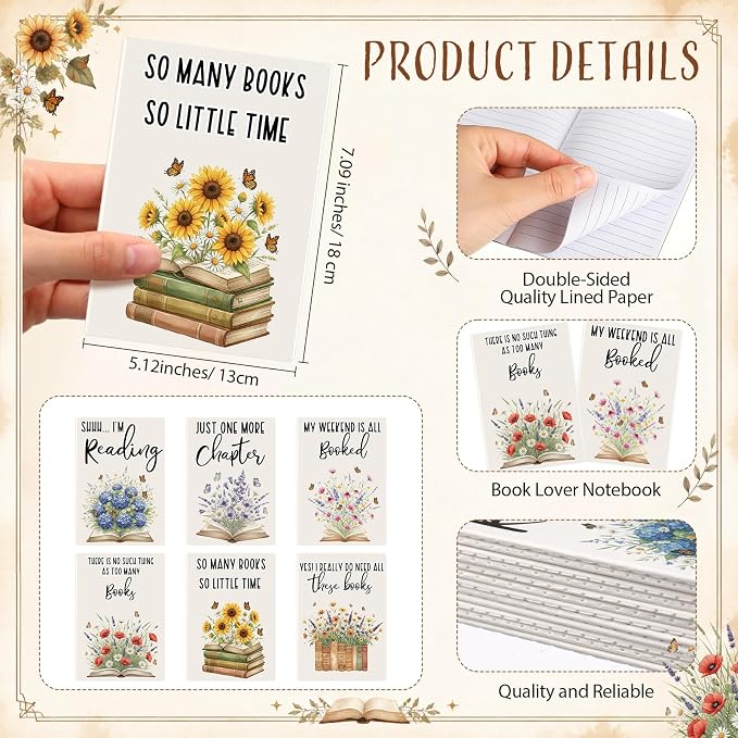 Sayglossy 36 Sets Book Lover Gifts Set Flower Notebooks Book Club Ballpoint Pens 6 Styles Flower Reading Journals with Organza Bags for Women Readers Bookish Bookworm