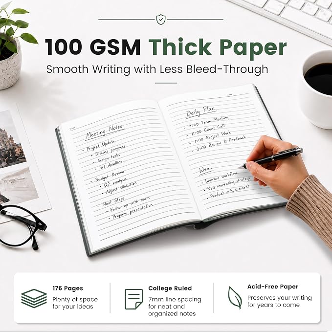 CAGIE Lined Journal Notebook for Men & Women,176 Pages A5 Medium Size, Softcover Leather Journals for Writing, College Ruled Notebook for Work & School, 100 GSM Thick Paper (5.7'' x 8.3'') (Green)