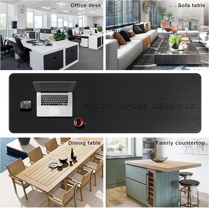 CENNBIE Leather Desk Mat, 71" x 19.6" Large Mouse pad for Desk (Black) | Premium stitched edges resist wear. Easy to clean. Protects desk from spills, stains ,scratches. Smooth glide. Office & home.