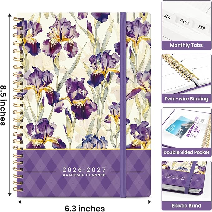 Planner 2026-2027, Academic Year Monthly and Weekly Calendar Planner, Jul 2026 - Jun 2027, Hardcover Teacher Student Planning Agenda book with Tabs, Perfect for School Office Supplies, 6.3" x 8.5" - Purple Iris
