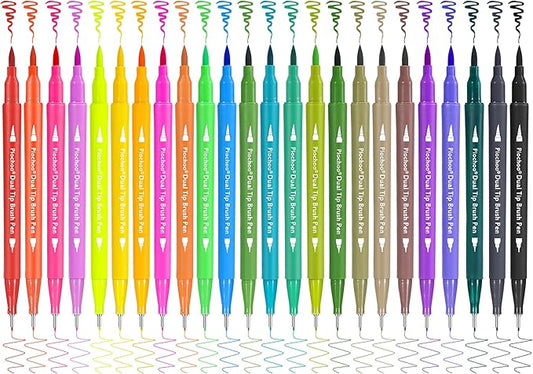 Piochoo Art Brush Markers Pens for Adult Coloring Books, 24 Colors Dual Tip (Brush and Fine Point) Marker Pen for Journaling Note taking Planner Hand Lettering Art Suppliers