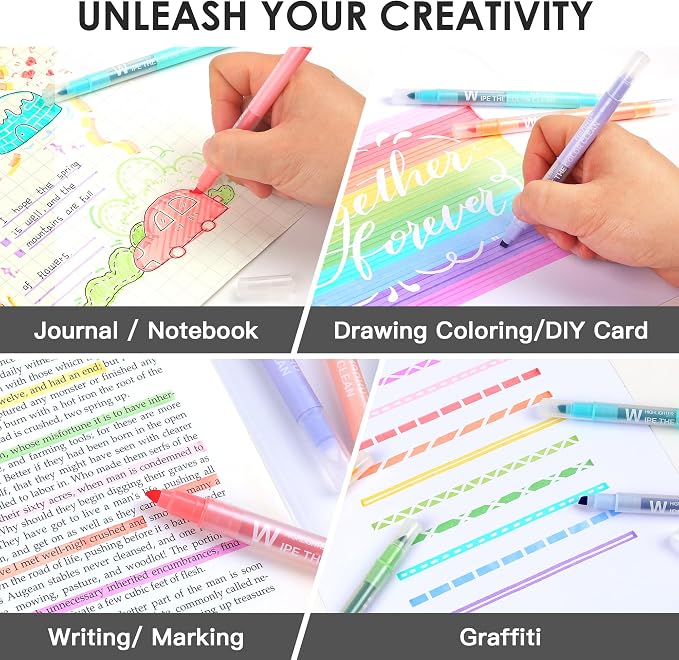 HANKU Erasable Highlighters, 10 Pastel Highlighters Assorted Colors, Dual Tip Cute Erasable Highlighter Pens No Bleed Through for Bullet Journaling, Bible Study, School Office Supplies