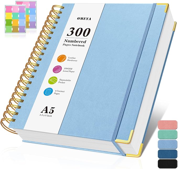 Spiral Notebook, 300 Numbered Pages Notebooks College Ruled with Contens | 100GSM Thick Journal for Women Men, Hardcover Leather Lined Journal for Writing,Large A5 Journaling Notebooks for Work School