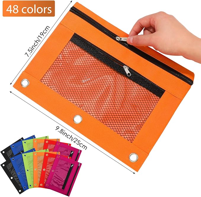 Leelosp 48 Pack Pencil Pouch for 3 Ring Binder Mesh Zipper Pencil Case Bags Binder Pouches Bulk for School Writing Utensils Storage Supplies (Bright Colors)