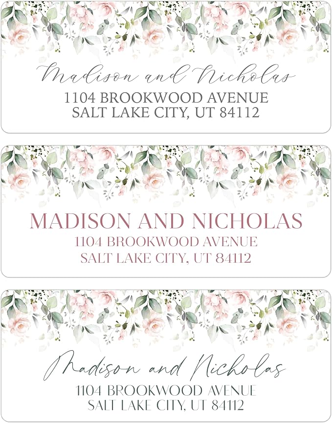 Return Address Labels Personalized with Your Choice of 30 Flower Styles - Choose Font and Font Color or Add Custom Text - Perfect for Wedding Envelopes (014 Light Pink Flowers)