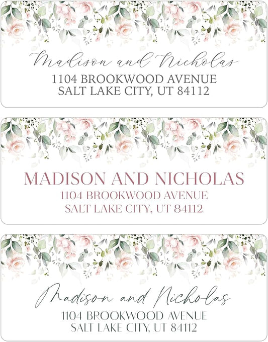 Return Address Labels Personalized with Your Choice of 30 Flower Styles - Choose Font and Font Color or Add Custom Text - Perfect for Wedding Envelopes (014 Light Pink Flowers)