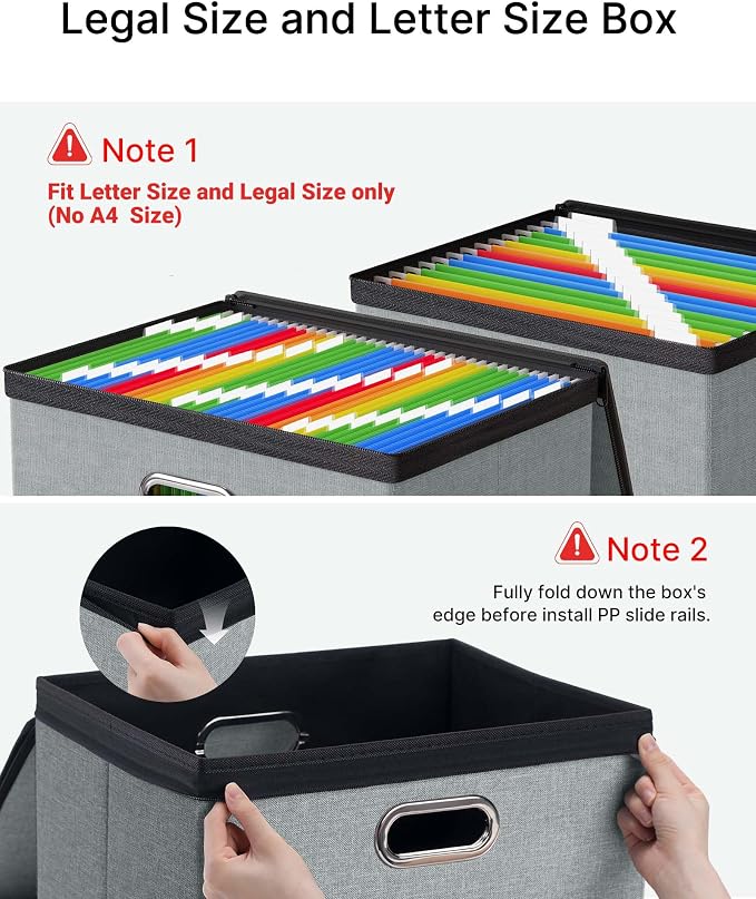 Oterri File Box Large 2-Pack Hanging Organizer for Letter/Legal-Size Folder | Dustproof Lid. 3 Mesh Pockets. Collapsible Scratch-Resistant GRS Linen. Slide Rails. Office, Home, Dorm