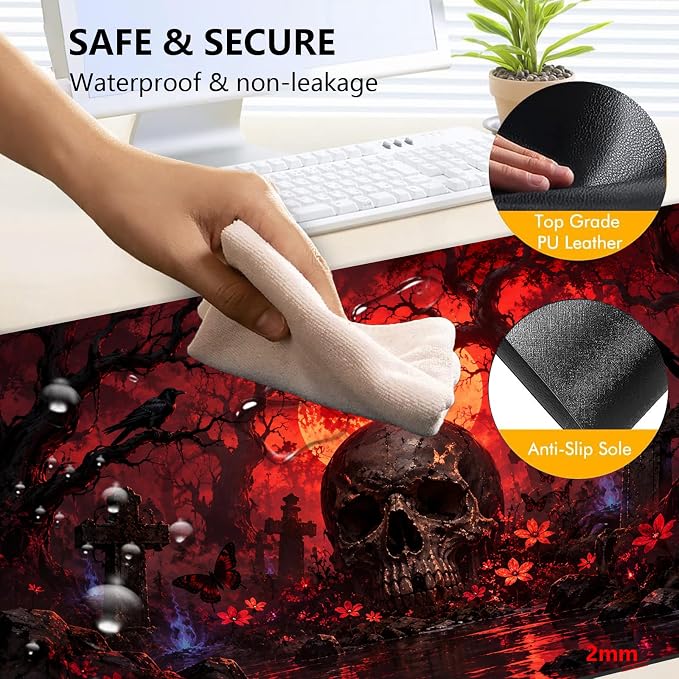 Large Heated Mouse Pad–31.5" x 13" Desk Mat for Office | 3 Adjustable Heat Levels,Auto Shut-Off After 3 Hours for Safety,Keeps Hands Warm While Working，Skeleton Tomb