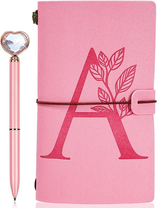 Personalized Journal Gift-Pink Initial Leather Journal+Heart Diamond Pen Set,Travel Notebook Diary Gifts,Refillable Notepads,Christmas,Birthday Gifts for Women Girls (7.9"x4.7") (A)