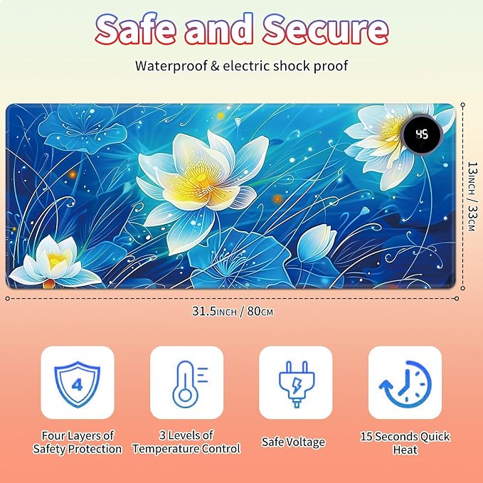 Heated Desk Pad Large Mouse Pad 31.5 x 13 inch with 3 Levels Heating & Auto Shut-Off Warm Mouse pad PU Leather Computer Mousepad for Home Office Work - Blue Lotus Flowers
