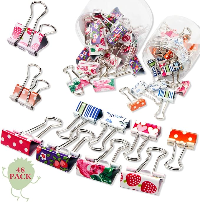 Outus 48 Pcs Colorful Binder Clips with Box, 2 Sizes, 0.75 in & 1 in | Decorative printing, small mini clips, paper notebook organizer, assorted designs, storage box included