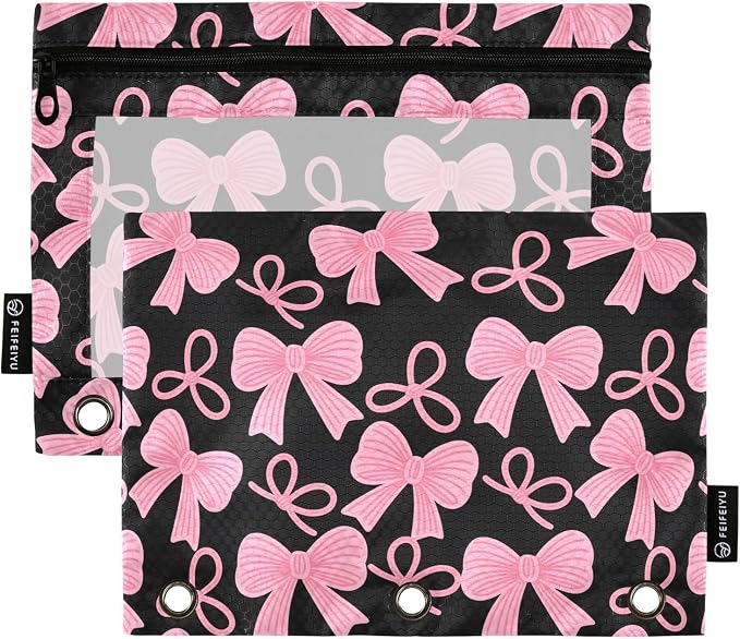 Pink Bow Black Pencil Pouch for 3 Ring Binder 2 Pack Zipper Binder Pencil Bag with Clear Window Pencil Case for Office Supplies
