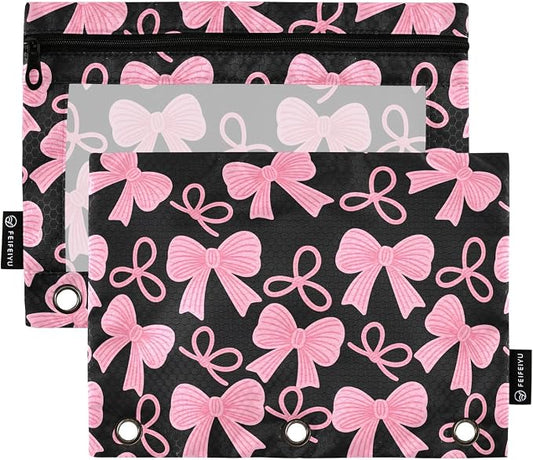 Pink Bow Black Pencil Pouch for 3 Ring Binder 2 Pack Zipper Binder Pencil Bag with Clear Window Pencil Case for Office Supplies