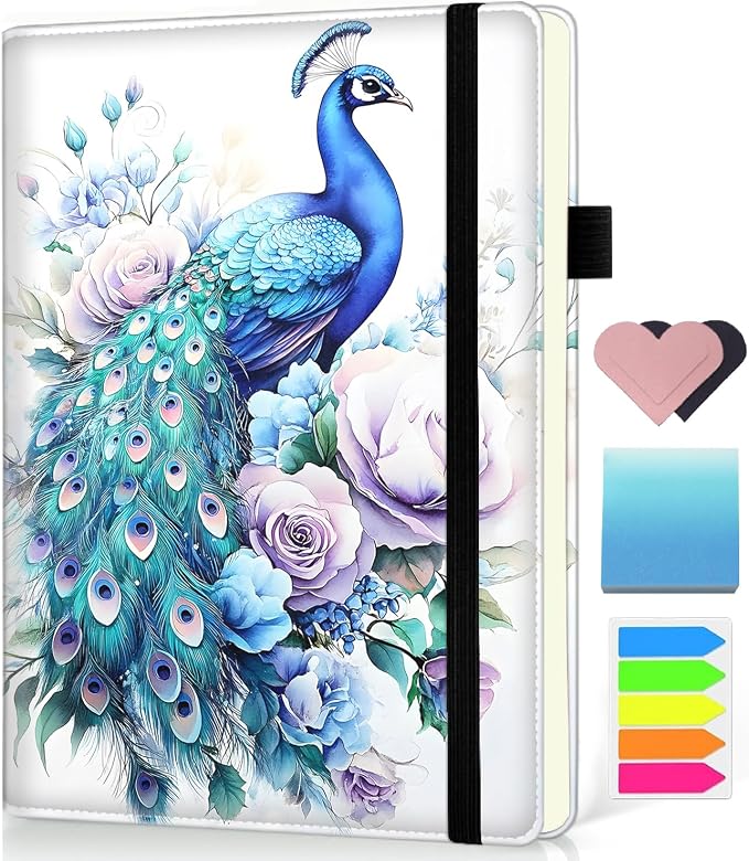 Hardcover Executive Notebooks, A5 PU Leather Lined Journal Notebook, 200 Pages Thick Paper Subject Notebooks for School,Work,Home Writing Business Notebook, Diary Book ，Peacock and Flowers