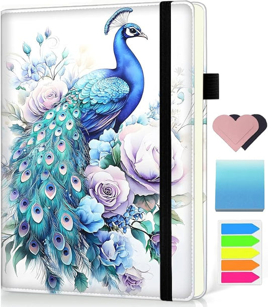 Hardcover Executive Notebooks, A5 PU Leather Lined Journal Notebook, 200 Pages Thick Paper Subject Notebooks for School,Work,Home Writing Business Notebook, Diary Book ，Peacock and Flowers