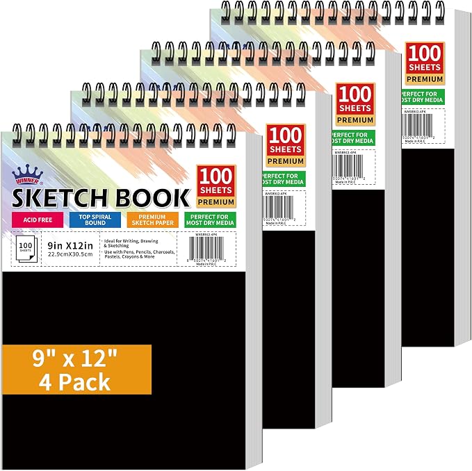 WINNER 9" x 12" Sketch Book 4 Pack, 400 Sheets Spiral Bound Art Sketchbook, 68lb/100gsm White Acid Free Drawing Pad, Sketching Drawing Writing Sketch Pad, Art Supplies for School, Kids, Adults &Teens