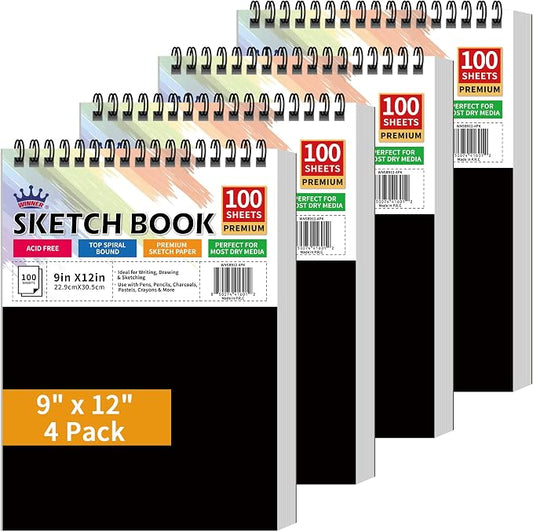 WINNER 9" x 12" Sketch Book 4 Pack, 400 Sheets Spiral Bound Art Sketchbook, 68lb/100gsm White Acid Free Drawing Pad, Sketching Drawing Writing Sketch Pad, Art Supplies for School, Kids, Adults &Teens