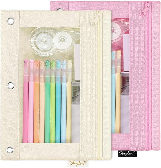SKYDUE Pencil Pouch for 3 Ring Binder, 3 Ring Zipper Pencil Case with Clear Window, Large Binder Pencil Pouch with Grommets, Three Hole Pencil Holder for School, Pink & Purple (2 Pack)