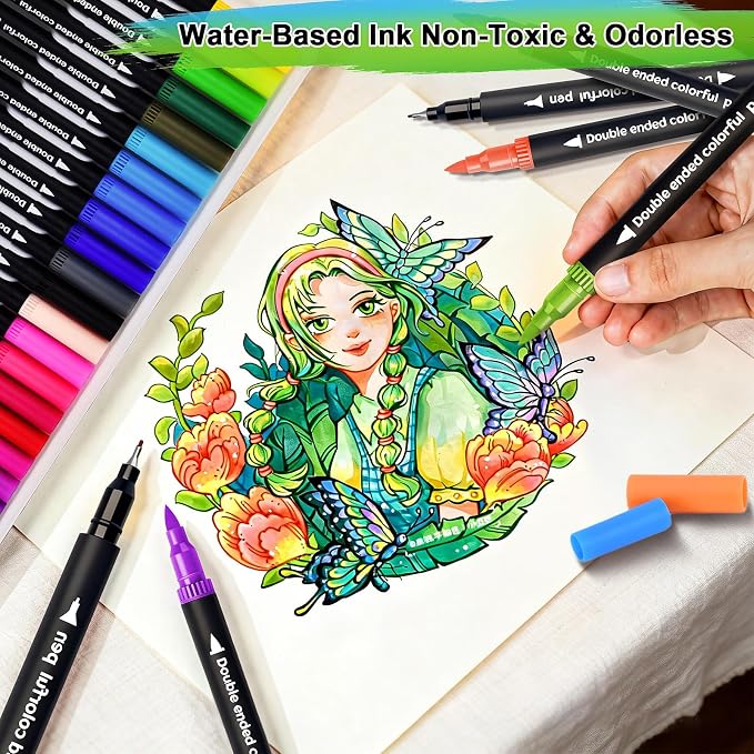 Dual Markers Brush Pens, Art Brush Coloring Markers for Adult Coloring Books, 48 Colors Pens for Teens, Double Tip Colored Pen for Journaling Note taking Planner Lettering Calligraphy Drawing