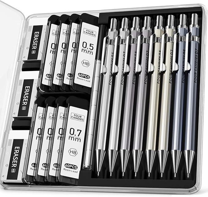 8PCS Metal Mechanical Pencil Set, 0.5mm & 0.7mm, Pack with Storage Case | 480 Leads, 3 Erasers+9 Refills, for School Writing, Sketching, Art Drawing & Professional Drafting